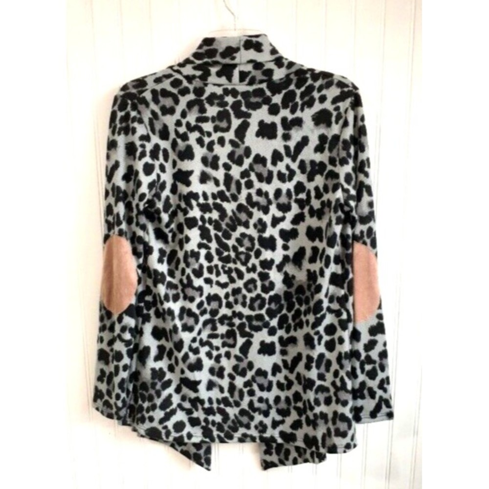Womens Shirt Medium Black Gray Leopard Shoulder Patch Open Sweater Cardigan